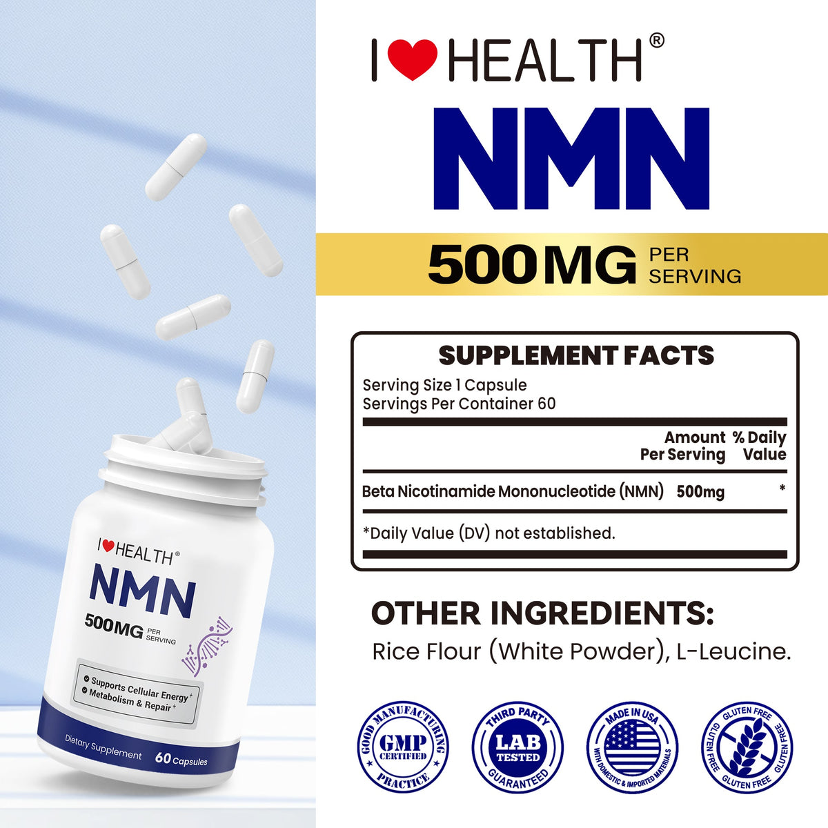 NMN 500mg – 99.9% Pure NMN Supplement, Boost NAD+ Levels, Cellular Energy & Healthy Aging Support, 60 Capsules, Third-Party Tested, NSF cGMP, Made in USA